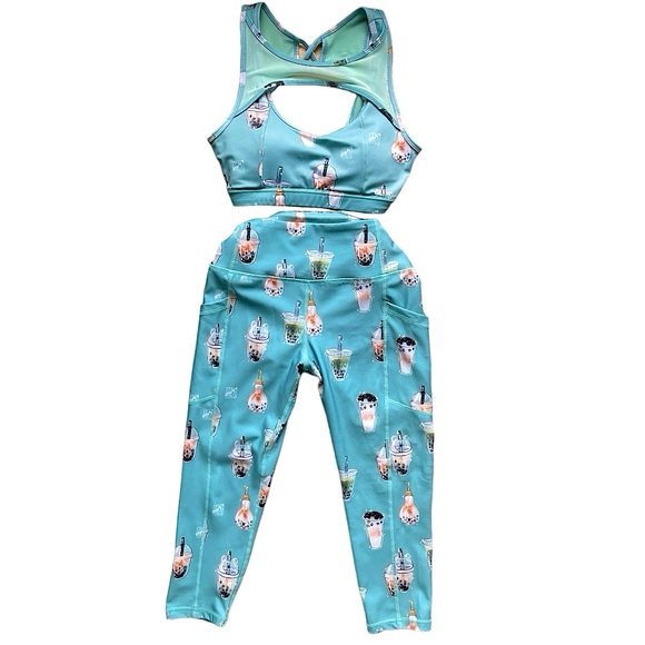 Iron Yokai Pants - Boba Tea Keyhole Sports Bra & High Waisted Scrunch Capri Leggings Activewear Set